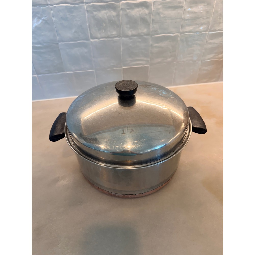 Vintage Revere Ware 1801 Copper Bottom Stock Pot Stainless Steel Lid 9 Inch 4 Qt